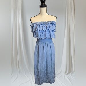 Rebecca Taylor Y2K Strapless Silk Ruffle Midi Blue Dots Dress Women Sz 4